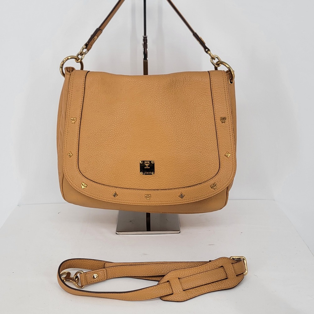MCM Tan Pebbled Leather Flap Shoulder Bag with Studs and Crossbody Strap